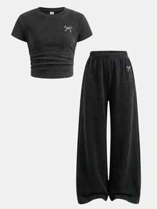 SHEIN Girlism 少女黑色雪花印花蝴蝶结T恤和打底裤两件套，休闲日常百搭，学院风休闲复古套装，雪花印花休闲裤装两件套 - 黑色 - 查看 3