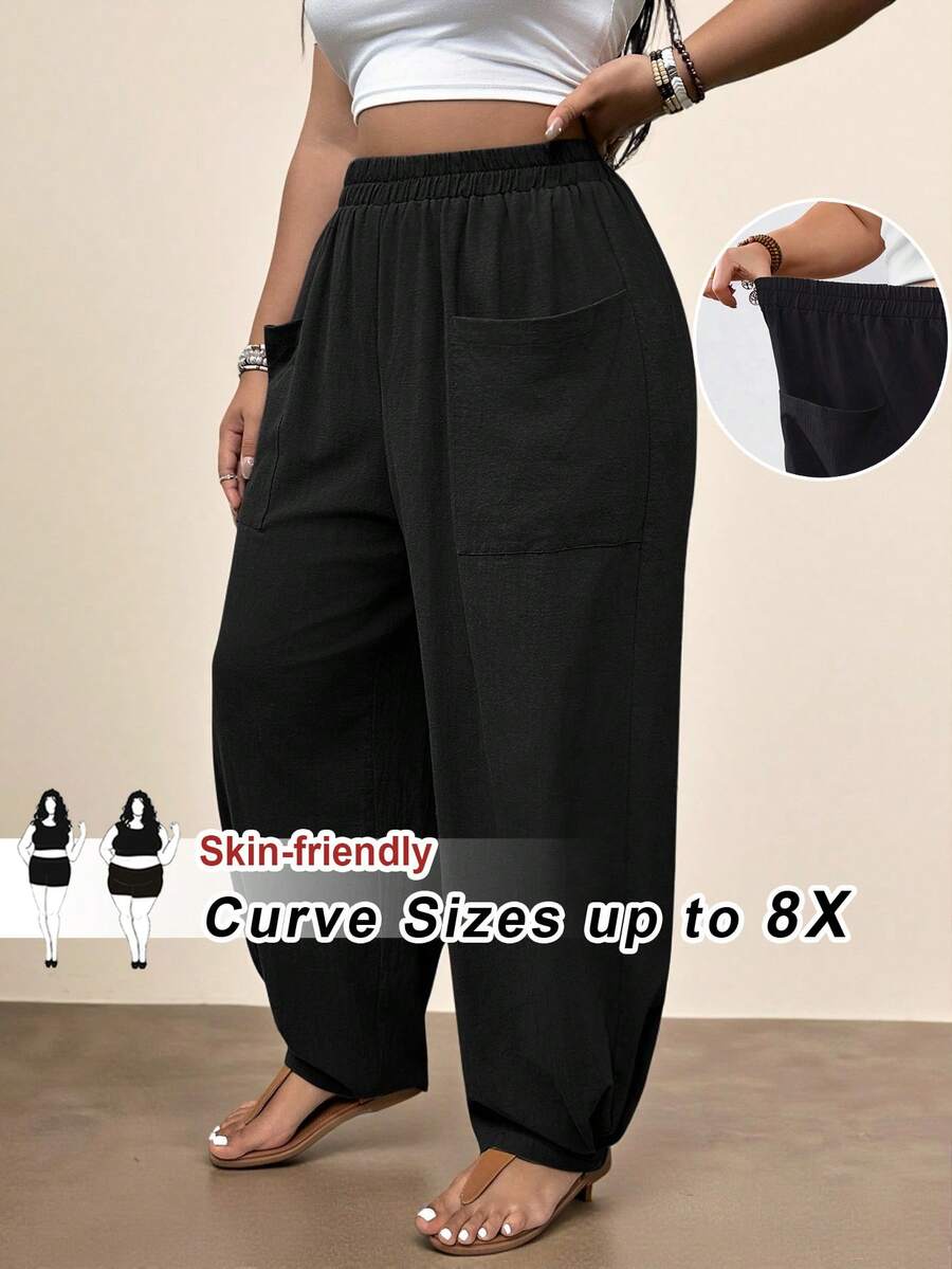 SHEIN CURVE+ 大码纯色褶裥长裤，带口袋，是度假和休闲穿着的理想之选，波西米亚风度假风 - 黑色 - 查看 1
