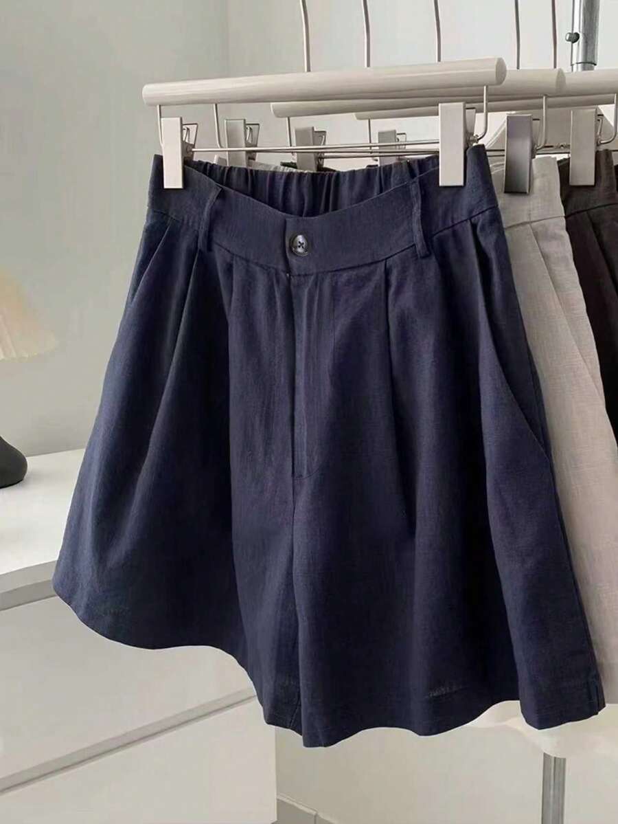 Women's Loose Button Pleated Shorts, Versatile For Commuting In Summer - Navy Blue - View 1