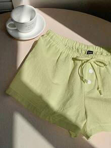 Comfortcana Spring/Summer Pure Cotton Solid Color Drawstring Waist Loose Casual Green Shorts - Green - View 6