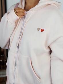 SAYEHFBABY 女士休闲日常心形刺绣落肩宽松抽绳拉链连帽衫，春秋季 - 粉色 - 查看 3
