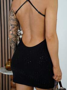 SAYEHFBABY 女士春夏装狂欢节闪亮时尚性感露背闪亮水钻修身迷你连衣裙 - 黑色 - 查看 6