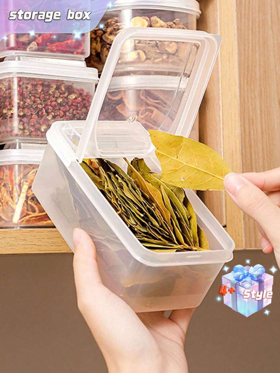 Set de 4 piezas/8 piezas Caja de almacenamiento de especias para el hogar y la cocina, compartimento único blanco, anís estrellado, canela, pimienta negra, caja de condimentos transparente, caja de almacenamiento de alimentos - Blanco - Ver 1