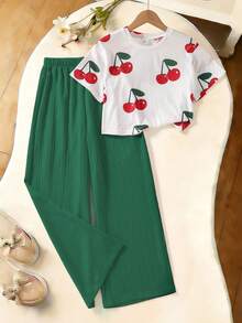 2pcs/Set Girls Floral All-Over Print T-Shirt And High Waist Textured Wide Leg Pants Set - Green - View 4