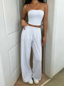 SHEIN EZwear 女士纯色抹胸上衣搭配阔腿裤休闲套装 - 灰色 - 查看 5
