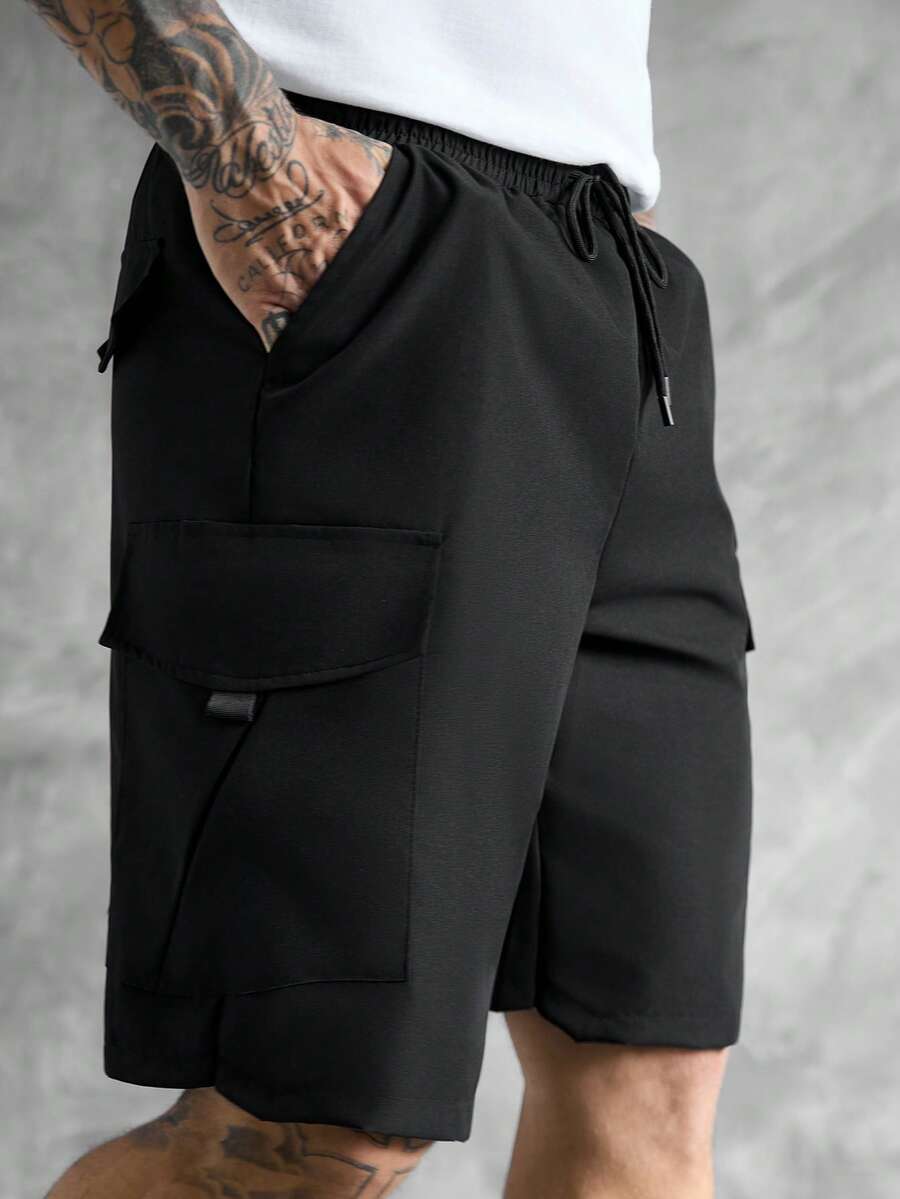 SLATEMANN 男士多口袋抽绳腰休闲工装短裤 - 黑色 - 查看 1