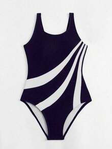 Swim SPRTY Women's Vacation Beach Colorblock Striped One-Piece Swimsuit - Navy Blue - View 6