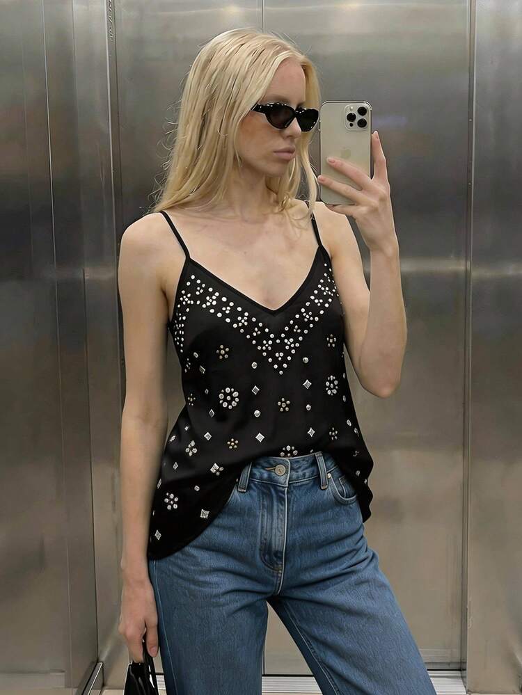 SHEIN Maija MAIJA 비치 캐주얼 스퀘어 넥 레이스 트림 피티드 캐미 탑