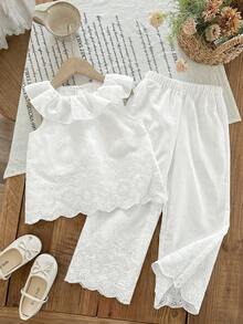LMoss Kids LMoss  2pcs Young Girl Woven Solid Color Embroidered Ruffle Collar Camisole And Long Pants Set - White - View 7