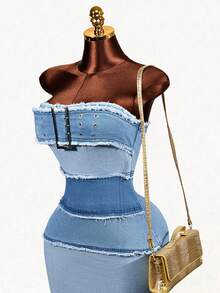 Mistrie Vestido de mezclilla con abertura alta extra larga para mujer - Azul - Ver 8