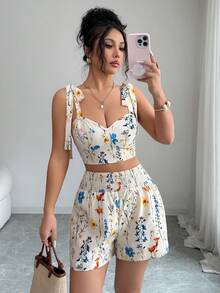 Selianne 女士优雅印花两件套，适合夏季度假 - 杏色 - 查看 6