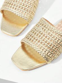 Women's Fashion New Woven Slip-On Flat-Bottomed Square Toe Sandals Summer Shoes - Gold - View 3