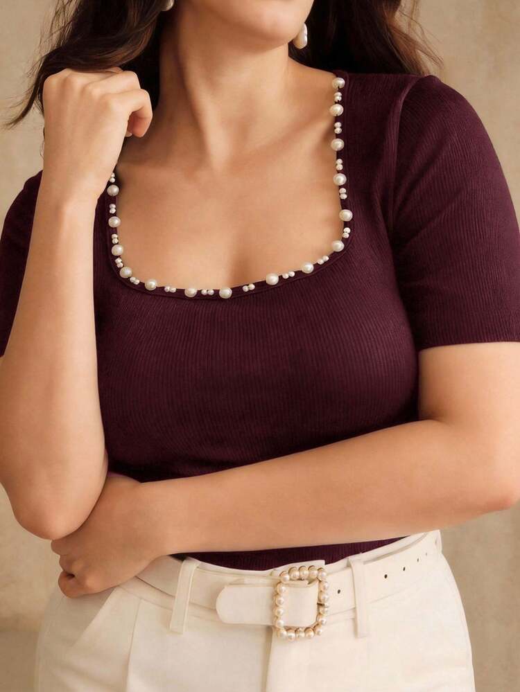 Women's Pearl Collar Fitted Short Sleeve Top