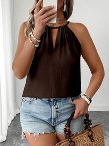 EMERY ROSE Plus Size Fashionable Apricot Spaghetti Strap Casual Loose Slimming Camisole With Sexy Shoulder Strap Design, Elegant For Women - Brown - View 6