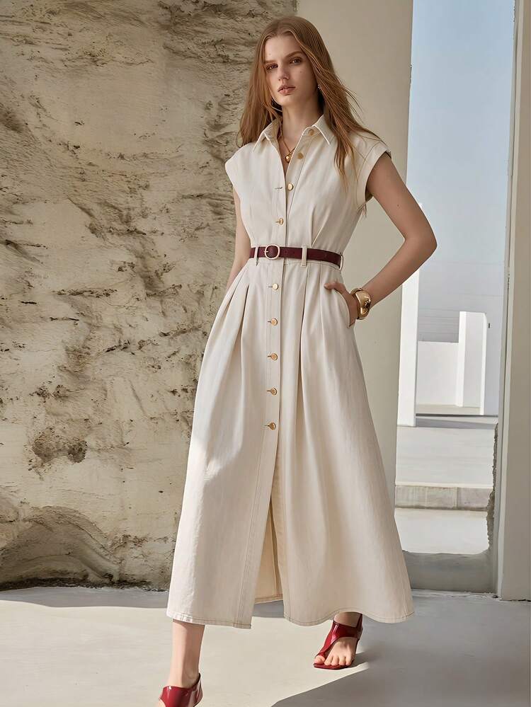 WOMEN'S SPRING/SUMMER CASUAL COMMUTING CAP SLEEVE SLANT POCKET PLEATED DENIM DRESS, BELT NOT INCLUDED