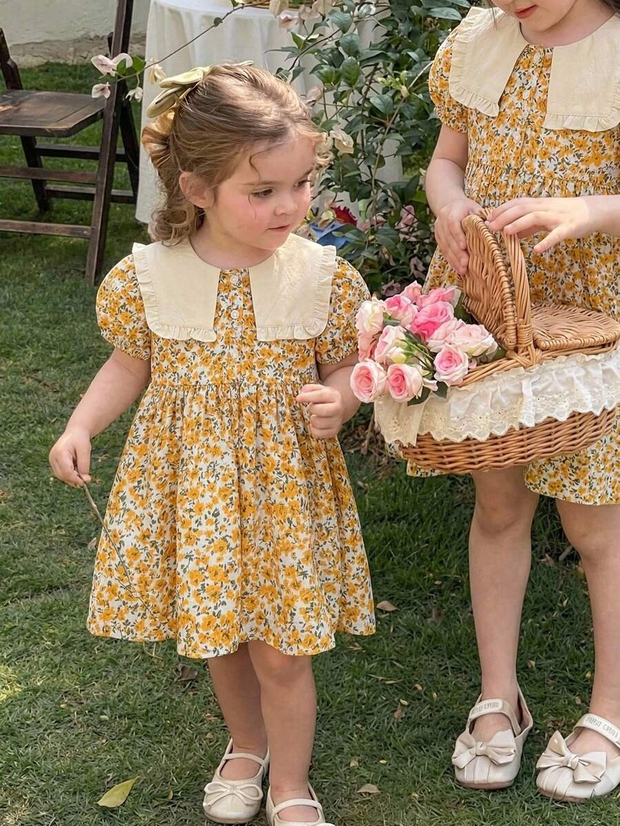 LMoss Kids Vestido de verano para niña con mangas de globo, cuello cuadrado y estampado floral diminuto - Multicolor - Ver 1