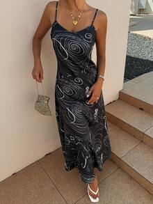 Livesso Đầm hai dây in họa tiết toàn thân dáng casual dành cho nữ, thích hợp cho mùa hè. - màu đen - Xem 5