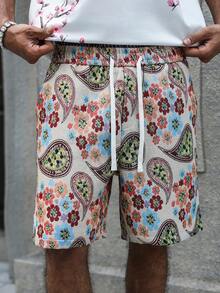 PAVTROS 男士卡其色提花编织图案短裤，宽松直筒版型，弹性腰带，时尚之选 - 卡其色 - 查看 6