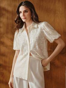 Anewsta 高品质女士衬衫，春夏新款：优雅浅米色亮片珠绣衬衫，泡泡袖，翻领，轻薄透气，适合工作、约会和派对等场合。 - 杏色 - 查看 3