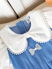 Elladie kids 小女孩优雅的拼布夏季连衣裙 - 淺藍色 - 查看 5