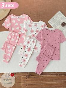 Bộ 3 món đồ ngủ cho bé gái, họa tiết chấm bi, hoa trái tim, hoa hướng dương, chất liệu dệt kim co giãn, mềm mại, thoải mái, ôm sát, cổ tròn, tay ngắn và quần dài, kiểu dáng ngọt ngào thường ngày, thích hợp để thay đồ ở nhà hoặc làm quà tặng ngủ qua đêm, mùa xuân/hè. - Hồng - Xem 4