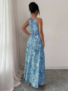 Elenzga Women's Sleeveless Halter Neck Waist Cinched Flared Printed Dress - Blue - View 2