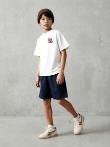 SHEIN Casuvi Kids Boys Everyday White Short Sleeve T-Shirt And Bermuda Shorts Co-Ord Set With California Letter Print And Pockets - White - View 2