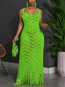 Slaydiva Plus Size Summer Sleeveless Hollow Out Sheer Dress - Green - View 1