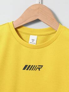 SHEIN 2pcs/Set Young Boy Casual Minimalist Letter Print Crew Neck Sweatshirt And Sportswear - Yellow - View 3