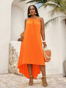 EMERY ROSE Brown Summer Boho Beach Gym Holiday Dress,Plus Size Women Solid Color Contrast Lace Halter Dress,Vacation Outfits,Zanzea Spring Country Clothing - Burnt Orange - View 5