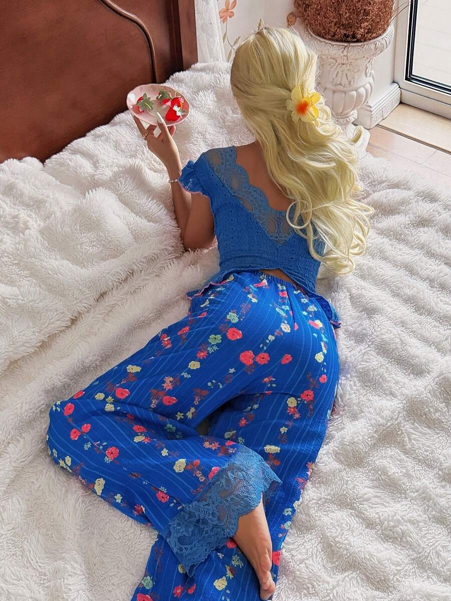 CottageSlumber V-Neck Back Short Sleeve + Ditsy Floral Long Pants Jacquard Pajama Set - Multicolor - View 1
