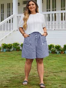 EMERY ROSE Quần short nữ cỡ lớn dáng rộng, thoải mái, kẻ caro đen trắng, chất liệu vải lanh, hai túi, thích hợp mặc mùa hè, dịp Ngày của Mẹ. - Màu xanh lam - Xem 3