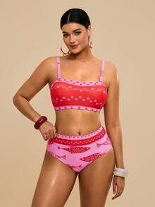Travachic Conjunto de traje de baño estampado para mujer de talla grande, parte superior de traje de baño con bandeau y lazo - Rosa Fucsia - Ver 5