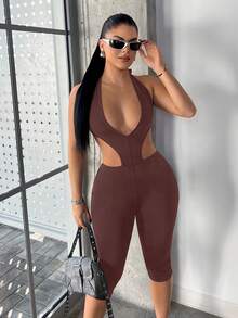 SHEIN SXY 女士纯色性感露背镂空连体裤 - 淺灰紫 - 查看 5