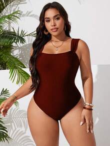 Swim Basics Plus Size Women Solid Color One-Piece Swimsuit For Beach Vacation Summer - Rust Brown - View 5