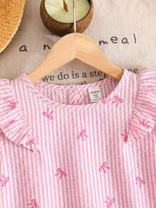 SHEIN LMoss Kids Tween Girl 2 Pieces Set: Casual Comfortable Round Neck Ruffle Blouse And Pants - Pink - View 3