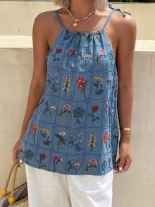 Casual Backless Spaghetti Strap Ditsy Floral Camisole Top, Suitable For Spring/Summer, Music Festivals, Valentine's Day, Weddings, Beach Vacations - Blue - View 3