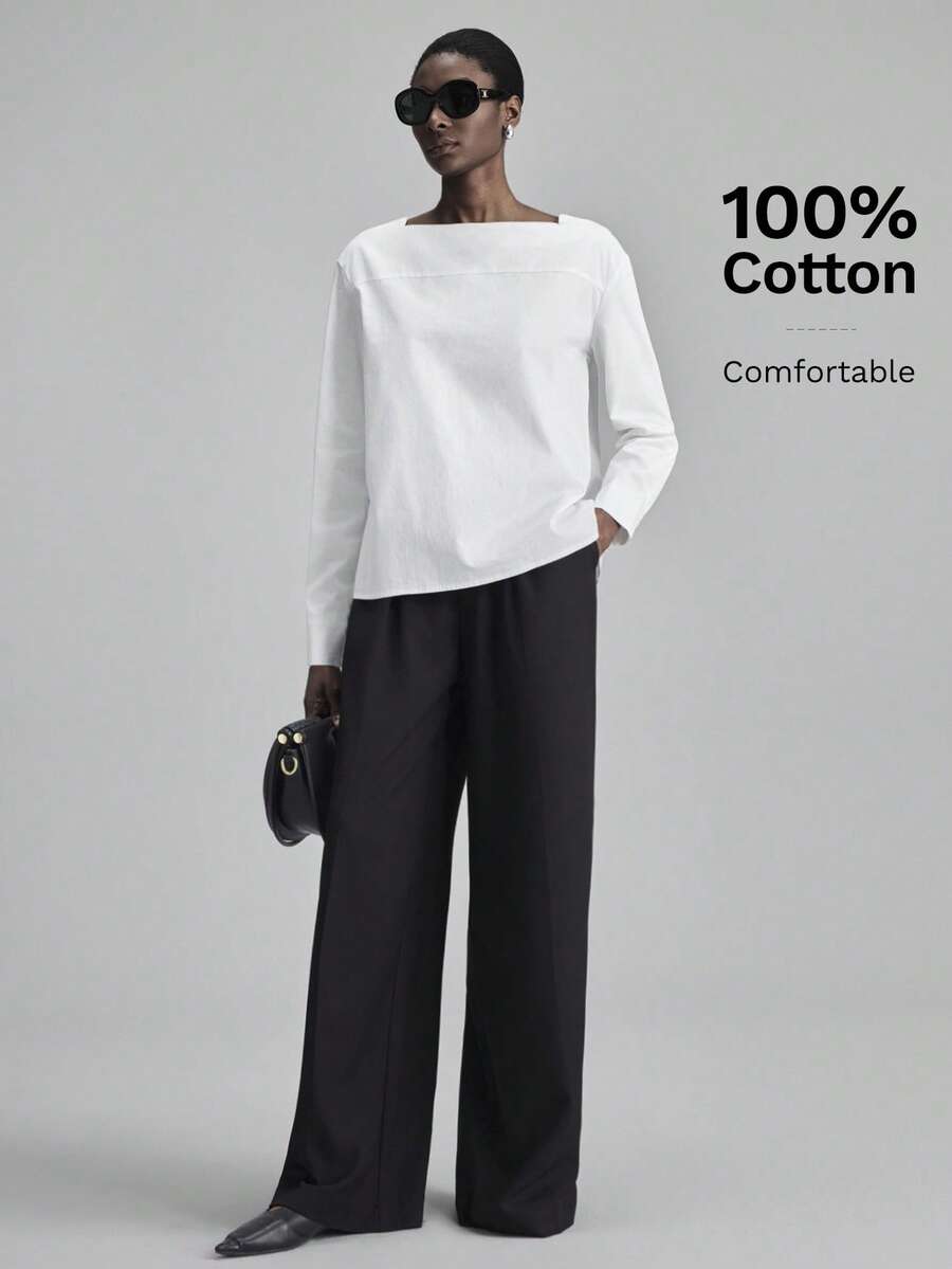 Ontre Áo nữ dài tay màu trắng dáng rộng thanh lịch tối giản 2026SS, trang phục thường ngày cho kỳ nghỉ. - trắng - Xem 1
