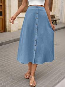 Brillora Women's Solid Color Single-Breasted Casual Vacation Midi Skirt - Blue - View 5