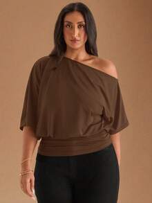 SHEIN BAE Áo thun đen dáng suông, vai lệch, đa năng, thích hợp mặc hàng ngày, hẹn hò, uống trà chiều, đi chơi với bạn bè, và phối đồ trong mọi dịp. - màu nâu - Xem 1