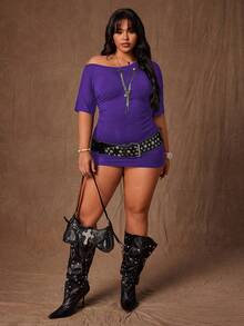 Rustia Plus Size Asymmetric Shoulder Design Casual Short Sleeve Dress - Purple - View 5