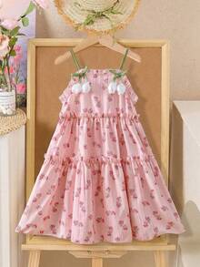 SHEIN Genkimix Kids Genkimix 女童休闲碎花装饰柔软舒适印花吊带裙，适合外出、海滩、度假、派对、夏季穿着 - 粉色 - 查看 8