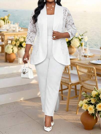 Fleurora Spring And Summer Elegant Party Wedding Cocktail Party Concert/Music Festival Elegant Office Work White Knitted Contrast Lace Plus Size Suit Summer Outfits Festival Outfits For Women Graduation Outfit For Mother Elegant Women's Set Work Outfits For Women Office Outfits For Women Work Wear Women Office Wear For Women Plus Size Women Contrast Lace 3/4 Sleeve Open Front Jacket And Pants Elegant Suit Set