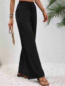 Elenzga Tall Pantalones rectos relajados con cintura elástica y cordón, estilo casual de vacaciones, color caqui para mujer - Negro - Ver 3