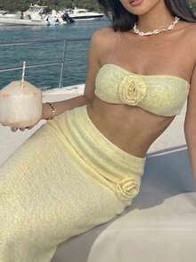 Sunnyshic 女士黄色性感百搭抹胸上衣和长裙两件套，针织衫，夏季度假风 - 黃色 - 查看 3