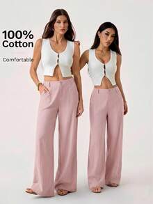SHEIN PETITE Pantalones rectos de cintura baja de 100% algodón lavado - Rosa vieja - Ver 3