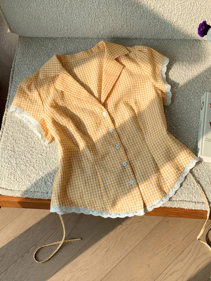 Comfortcana 女士休闲格纹纹理翻领单排扣衬衫，黄色夏季衬衫 - 黃色 - 查看 1