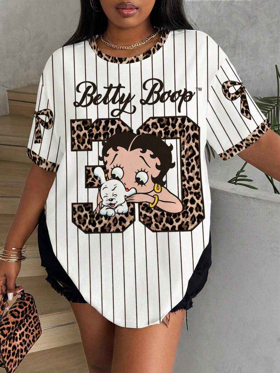 Betty Boop x SHEIN Áo thun nữ cỡ lớn cổ tròn tay ngắn kiểu dáng thường ngày - trắng - Xem 1