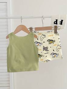 SHEIN Baby Boy Casual Soft & Comfortable Set, Classic Cute Dinosaur Print Pattern, Comfortable Tank Top And Shorts Set, Suitable For Spring/Summer - Multicolor - View 3