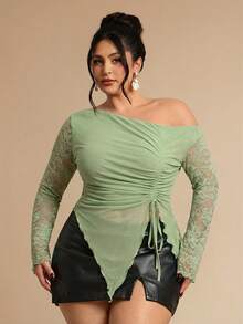 SHEIN BAE Plus Size Women Mesh Bow Top, Elegant Summer Holiday Party, Suitable For Valentine's Day, Birthday - Mint Green - View 4